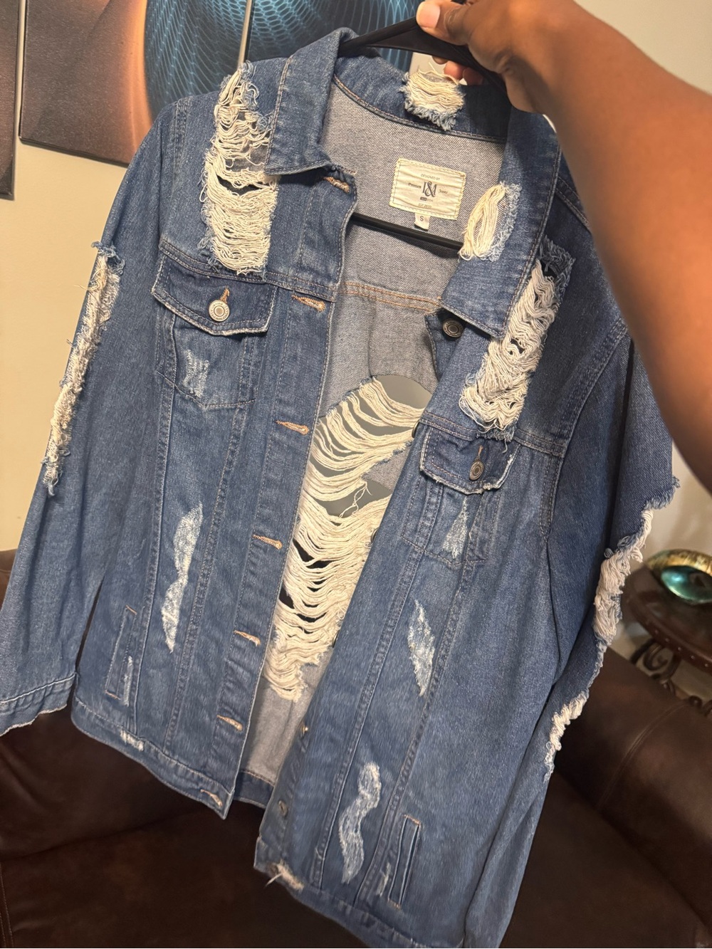 Distressed Blue Denim Jacket - Frayed Detail - Picture 3 of 3